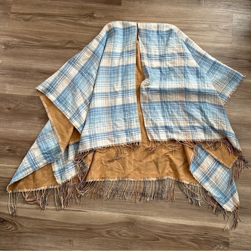 Plaid Fringe Shrug Poncho Western Cozy Fall Cottage Winter OS Baby Blue Cream